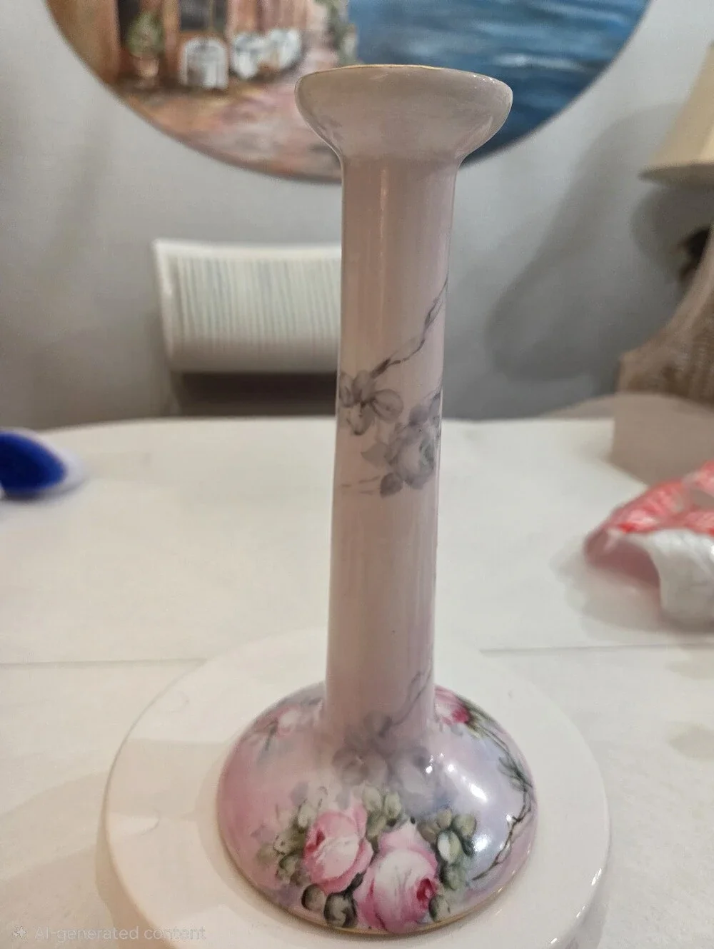 Hand Painted Limoges Pink Roses Signed By Artist Candlestick